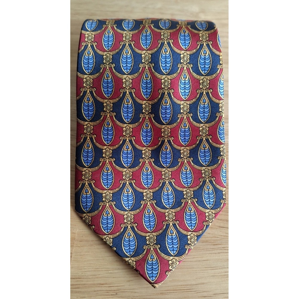 Vintage Richel Royal Silk Tie Handmade Spain Red Navy Gold Baroque Medallion